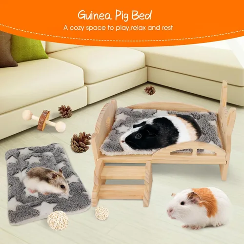 Miniatura 7 de BWOGUE Cama de Madera para Conejo de Indias con Escaleras y Alfombrilla, Cama de Felpa Lavable para Animales Pequeños, Plataforma de Cama