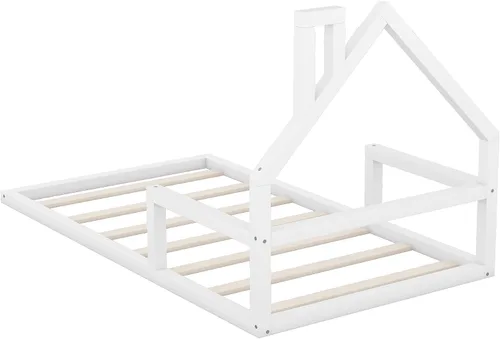 Miniatura 8 de Harper & Bright Designs Cama de suelo de tamaño individual con cabecera en forma de casa, marco Montessori, cama de plataforma para niños, Blanco