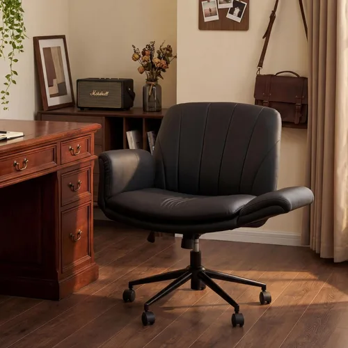 Miniatura 9 de Dowinx Silla Criss Cross con brazos y ruedas ajustables de cinco niveles - Cómoda silla giratoria ergonómica de cuero PU para tocador - Silla