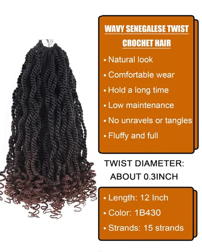 Miniatura 2 de Trenzas Senegaleses de Ganchillo con Puntas Rizadas 3 Tonos 12 Pulgadas 8 Paquetes de Trenzas Cortas de Ganchillo para Mujeres Negras Pre-enrolladas