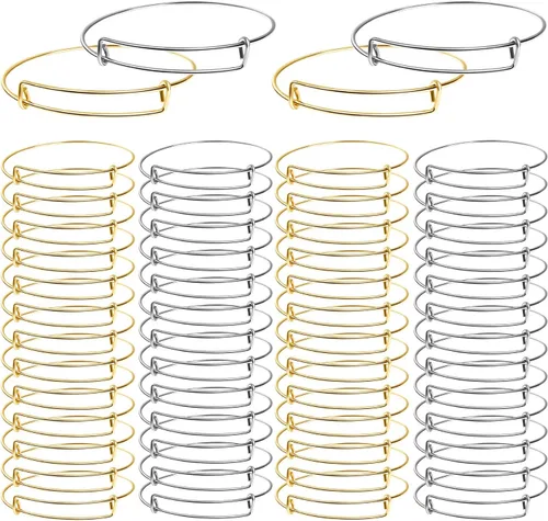 Miniatura 8 de UPINS 60 pulseras extensibles de alambre ajustable en blanco pulseras para mujeres DIY joyería fabricación, Plateado, 6576