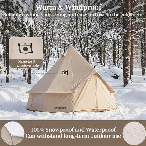 Miniatura 9 de Tienda de campaña Bell Yurt con gato de estufa, tienda de campaña de lujo impermeable para 4 estaciones, tela Oxford 420D, tiendas de campaña verde