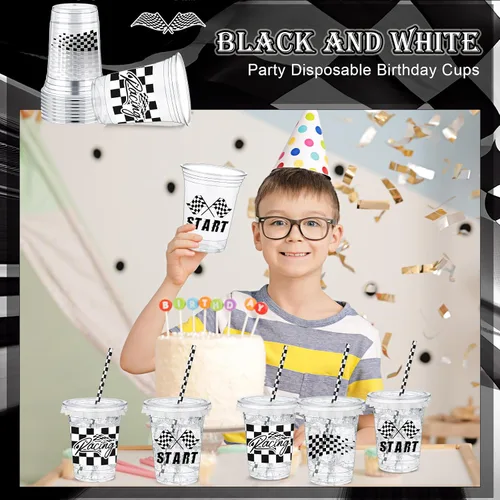 Miniatura 5 de FoldTier 50 vasos de plástico para fiestas de carreras a cuadros, 12 onzas, color blanco y negro, con bandera a cuadros transparentes con pajitas