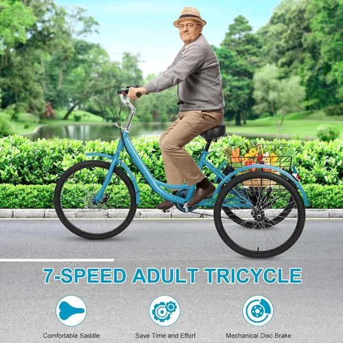 Miniatura 7 de Triciclo para adultos de 7 velocidades, bicicletas de 3 ruedas de 24 pulgadas, bicicleta de triciclo para adultos con cestas extraíbles, bicicleta