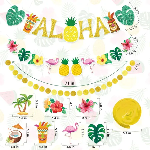 Miniatura 3 de Pancarta hawaiana preencordada para fiesta, decoración grande de flamenco tiki tropical para fiesta de cumpleaños Luau para fiesta de cumpleaños