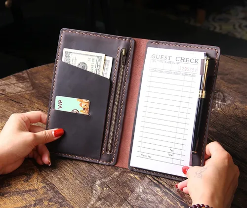 Miniatura 2 de Libreta organizadora para meseros con bolsillo con cremallera, tarjetero para restaurante de piel genuina para meseras, accesorios para meseros que
