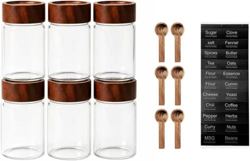 Miniatura 12 de Paquete de 6 Recipientes de Vidrio Herméticos Apilables de 4 oz con Tapas de Acacia - Frascos Mason Pequeños para Avena Nocturna, Almacenamiento