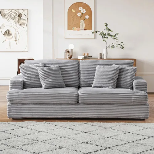 Miniatura 13 de Sofá de pana moderno de 79.3 pulgadas, sofá biplaza de pana con 4 almohadas y reposabrazos anchos, cómodo sofá tapizado de 2 plazas para sala