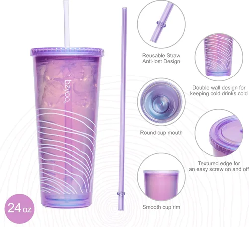 Miniatura 7 de bzyoo SIP - Vaso de plástico de doble pared de 24 onzas (710ml) con tapa y pajita, taza de viaje para bebidas frías reutilizable, café helado, taza