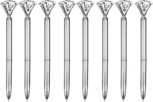 CLARA 8 Uds Big Diamond Bolígrafos Rhinestone Crystal Metal Bolígrafo Negro Tinta Plata Plateado diamante