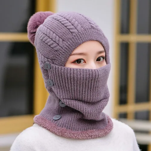 Miniatura 6 de Gorros de invierno para mujer, de una pieza, con forro polar, de punto, pasamontañas, con cuello de calavera, bufanda circular, sombrero de nieve