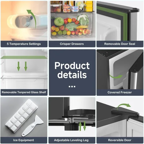 Miniatura 7 de BANGSON Mini refrigerador de 3.2 pies cúbicos con congelador, refrigerador pequeño de oficina de 2 puertas, refrigerador compacto silencioso