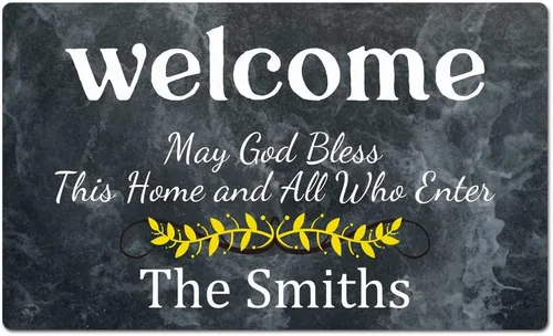 Divertida bienvenida personalizada con nombre de familia May God Blessed This Home and All Who Enter - Felpudo para puerta delantera, interior,