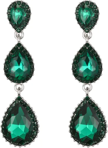 Miniatura 14 de EleQueen Pendientes de cristal austriaco en tono dorado para mujer, forma de pera de 2.5 pulgadas, color esmeralda