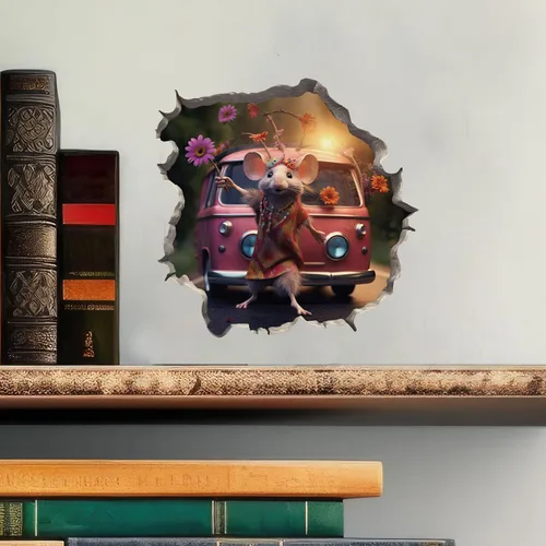 Miniatura 2 de Pegatina de pared 3D con agujero de ratón de niña hippie boho