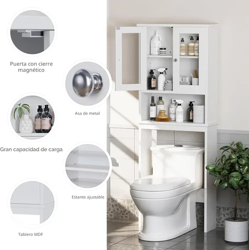 Miniatura 4 de Armario de almacenamiento sobre el inodoro para baño, organizador de almacenamiento sobre el inodoro, ahorro de espacio con puertas de vidrio Blanco
