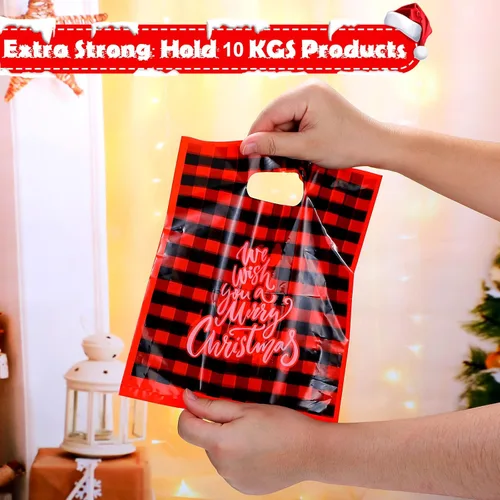Miniatura 7 de Sadnyy Paquete de 100 bolsas de plástico para regalo de Navidad a granel, pequeñas bolsas de compras de Feliz Navidad, mercancía gruesa impresa al