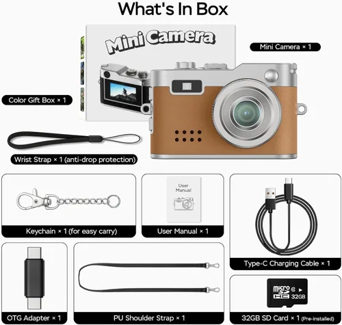 Miniatura 6 de Mini cámara retro con video de 1080P, fotos de 12 MP, cámara digital con llavero, cámara pequeña ultracompacta con tarjeta SD de 32 GB, adaptador
