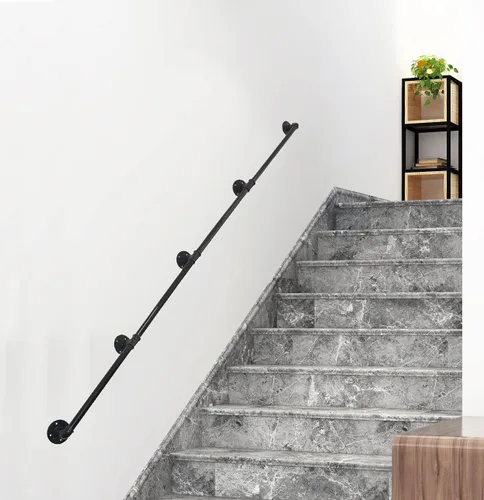 Miniatura 6 de DIYHD Barandilla de tubo de montaje en pared de 8 pies para escaleras, barandilla de mano industrial rústica negra para interiores