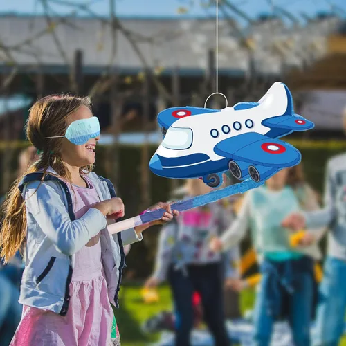 Miniatura 6 de Piñata de avión de 16.1 x 10.31 pulgadas, piñata patriótica roja, azul y blanca con palo para los ojos vendados, confeti, fiesta de cumpleaños