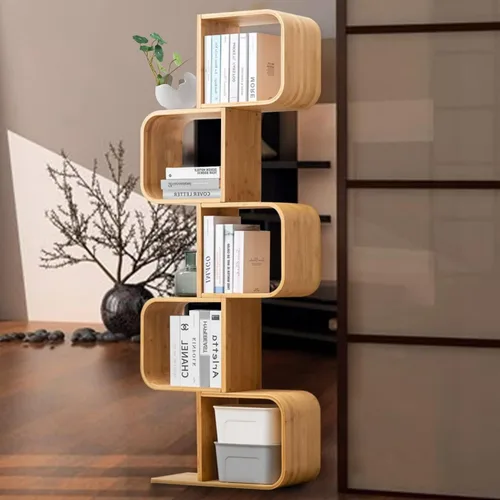 Miniatura 8 de Estantería geométrica moderna de bambú de 4 niveles en forma de S, gran capacidad, estante curvado, mesita de noche 2 en 1, estantería