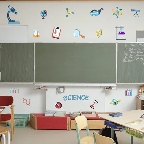 Miniatura 3 de OLYCRAFT 23 calcomanías de pared de elementos científicos con patrón de suministros de ciencia y laboratorio, calcomanías de PVC para decoración