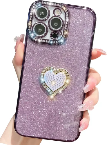 Bonita funda compatible con iPhone 13 Pro de 6.1 pulgadas, diamantes brillantes + fundas de tarjetas con purpurina con soporte de corazón de amor,