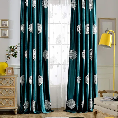 Miniatura 9 de VOGOL Cortinas opacas bordadas para sala de estar, paneles de cortina de terciopelo azul para dormitorio, 52 x 63 pulgadas, 2 paneles