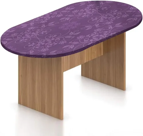 Mantel ovalado ajustable de poliéster elástico de damasco, hermosas flores bien formadas sobre fondo morado, se adapta a mesas ovaladas de hasta 42