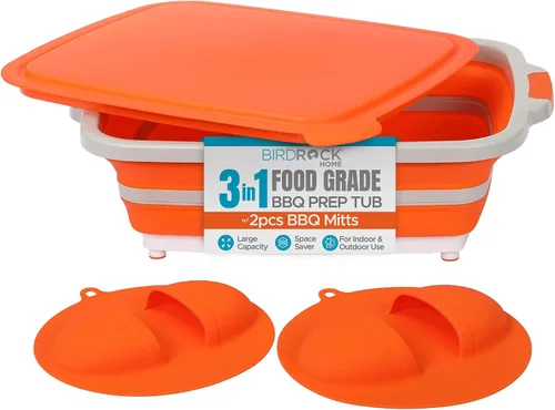 Miniatura 13 de BIRDROCK HOME Tina plegable grande de preparación para barbacoa con tabla de cortar, organizador de parrilla multifunción con colador y tapa, cuenco