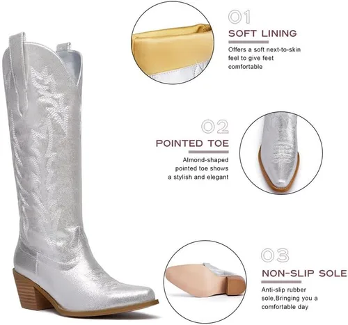Miniatura 4 de GOSERCE Botas vaqueras altas hasta la rodilla para mujer, botas vaqueras altas bordadas, estilo occidental, punta puntiaguda, bloque medio, tacón