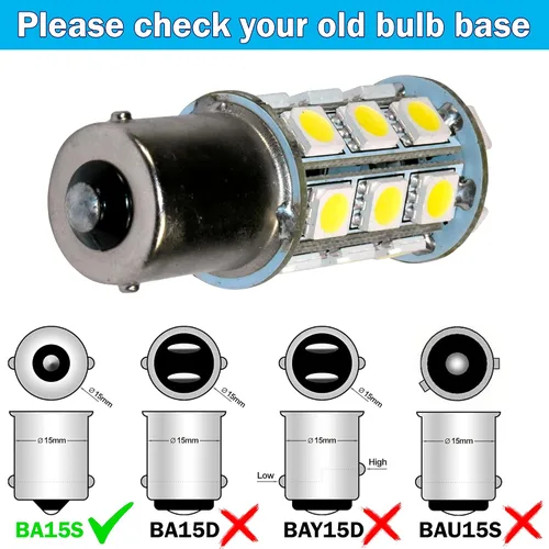 Miniatura 7 de HQRP BA15s Base de bayoneta de un solo contacto SMD 5050 6300-7000K 10-30V DC 3.4W bombilla LED compatible con #93, 382, 1141, 1156, 1157
