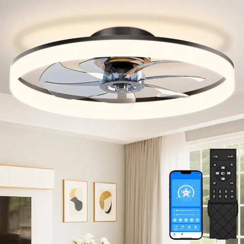 Miniatura 23 de VOLISUN Ventiladores de Techo de Perfil Bajo con Luces y Control Remoto, Ventilador de Techo Fandelier de Montaje Empotrado, 3000K-6500K Luz de Negro