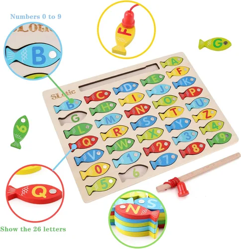 Miniatura 4 de Slotic Juego de pesca de madera magnético para niños pequeños – Alfabeto ABC Fish Catching Counting Aprendizaje Educación Matemáticas Preescolar