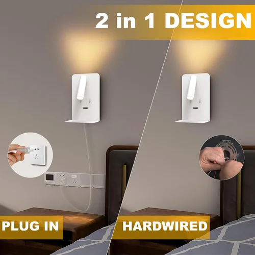 Miniatura 3 de ZEROUNO Lámpara de pared para dormitorio, luz de lectura montada en la pared, apliques de cabecera LED con interruptor Puerto USB Lámparas de Blanco