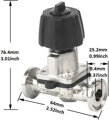 Miniatura 6 de QiiMii SS316 Tri clampmini válvula de diafragma 1/2" con membrana de EPDM+PTFE, válvula de membrana de abrazadera 1/2" con brida de abrazadera 25,2