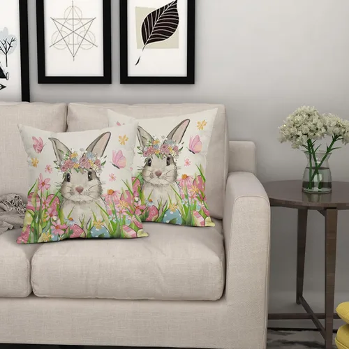 Miniatura 7 de Juego de 2 fundas de almohada de Pascua de 18 x 18 pulgadas, diseño de huevos de conejo, conejo, acuarela, rosa, azul, floral, con temática