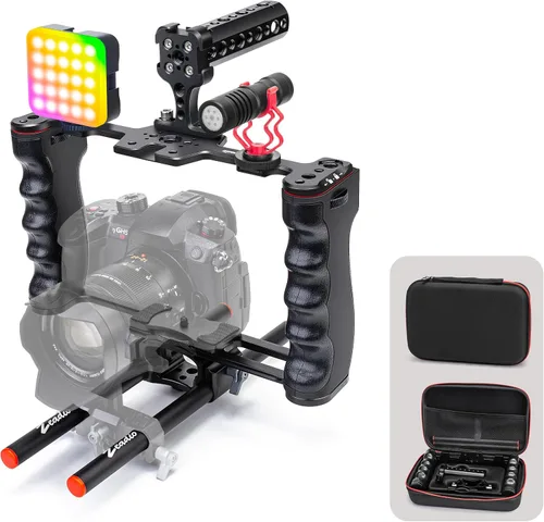 Miniatura 7 de Zeadio Jaula de Soporte para Cámara de Video, Kit de Filmación de Aleación de Aluminio con Mango Superior y Base Tipo Arca y Dos Guías de Varilla