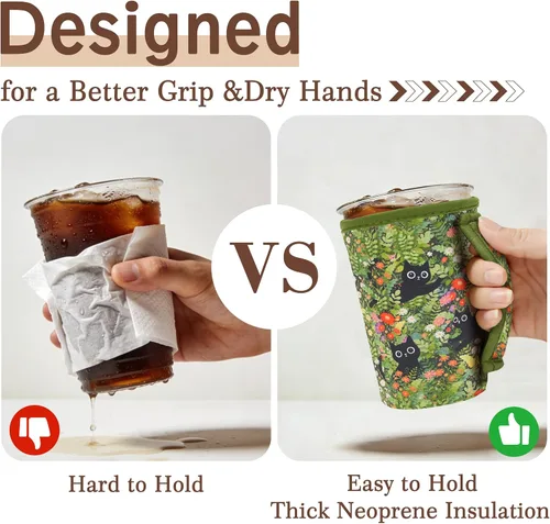 Miniatura 3 de KJQJLY Paquete de 3 fundas reutilizables para café helado con asa, de neopreno, aisladas, para bebidas calientes y frías, se adapta a tazas de 16 a