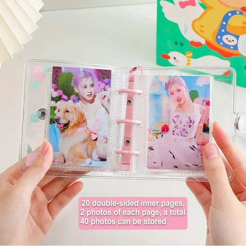 Miniatura 6 de 20 hojas, 40 bolsillos, 3 pulgadas, mini álbum de fotos en hojas sueltas, recargable, 3 anillos, carpeta transparente para tarjetas fotográficas