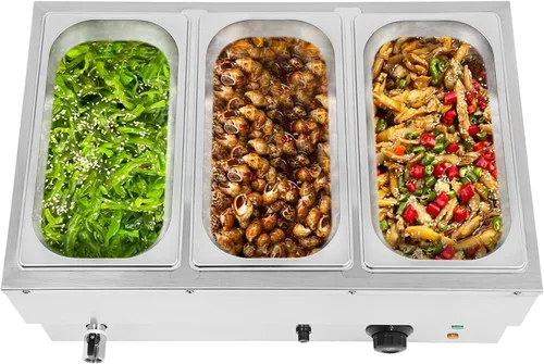 Miniatura 2 de DYNAMI Calentador de alimentos para bufé comercial de 110 V, mesa de vapor eléctrica grande de acero inoxidable de 3 bandejas con diseño