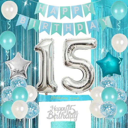 Decoraciones de cumpleaños de 15 años, color azul turquesa, decoraciones de cumpleaños número 15 para niñas y niños, pancarta de feliz cumpleaños,