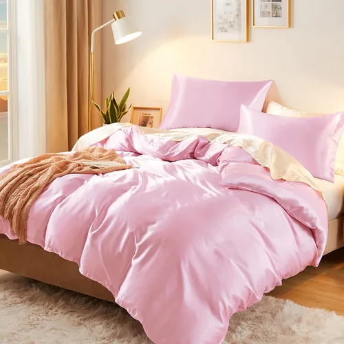 Miniatura 13 de Vonty Juego de Funda de Edredón de Satén Sedoso de 3 Piezas Tamaño Full/Queen, Juego de Funda de Edredón Beige Natural Orgánico 400TC - Ropa de Cama