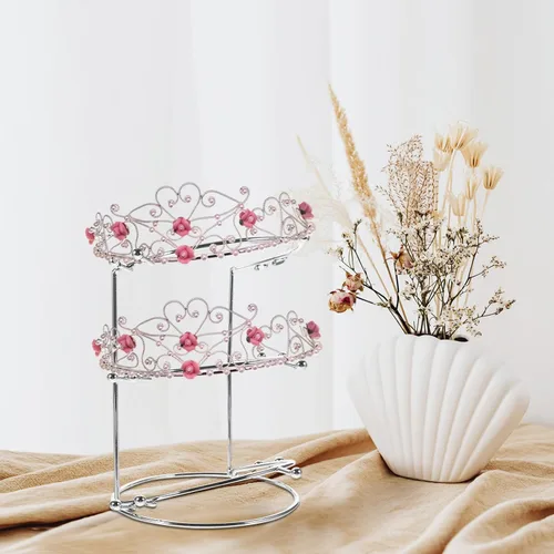 Miniatura 3 de Soporte de exhibición de corona de metal de tres niveles para tiara nupcial, diadema y almacenamiento de joyas en el tocador, 7.55 x 5.51 x 5.51
