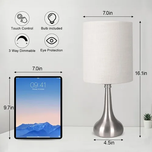 Miniatura 2 de Lámpara de mesa con control táctil, lámpara de noche regulable de 3 vías, lámpara de luz simple con pantalla de lámpara blanca y base de metal