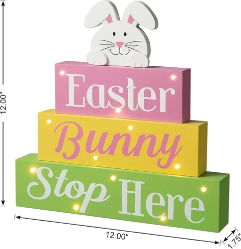 Miniatura 6 de Glitzhome Letrero de mesa de madera con luz LED, diseño de conejito de Pascua con texto para primavera, suministros de fiesta de Pascua