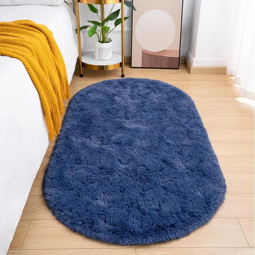 Goideal Alfombra Esponjosa para Dormitorio, Alfombras de Área Ovaladas Pequeñas, Alfombra Shag de Cabecera Azul Marino Claro para Habitación de