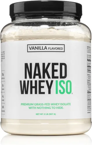 NAKED Proteína aislada de suero de vainilla, solo 4 ingredientes, 1.06 onzas de proteína alimentada con pasto, sin desnaturalizar, sin OMG, sin