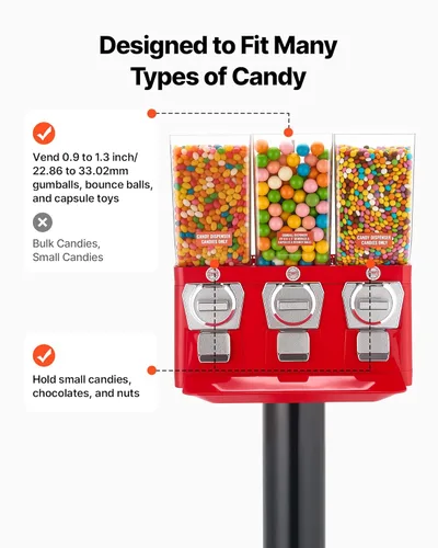Miniatura 3 de VEVOR Máquina expendedora de dulces, máquina expendedora de dulces de triple compartimento con soporte, máquinas expendedoras de chicles y caramelos