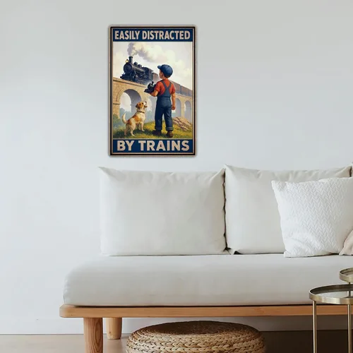Miniatura 7 de Letrero de hojalata fácilmente distraído por trenes – Decoración de tren para habitación de niños y hombres – Regalos de tren para papá